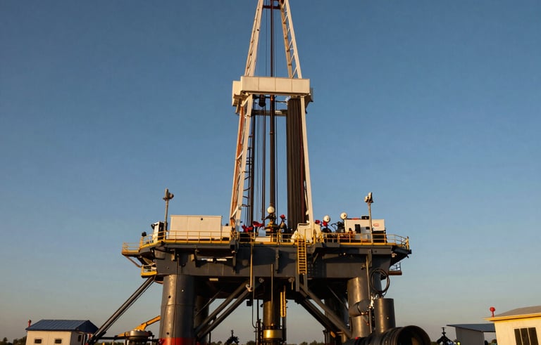 A wide-angle professional photograph of an onshore oil drilling rig situated in a West African coastal savannah. The scene is captured during the golden hour, casting a warm light over the steel structure. The composition highlights the rig's height against a deep blue sky, featuring professional technical equipment in the foreground.