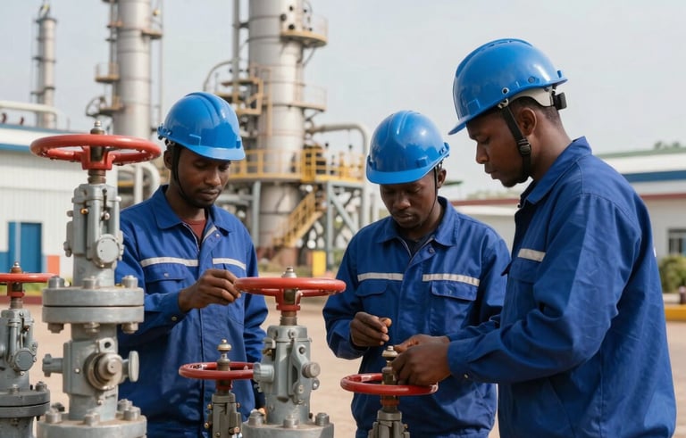 Professional photography of a technical maintenance crew wearing deep blue uniforms and hard hats, inspecting industrial valves at a modern West African refinery. The lighting is crisp and clear, emphasizing the cleanliness of the facility and the precision of the work.