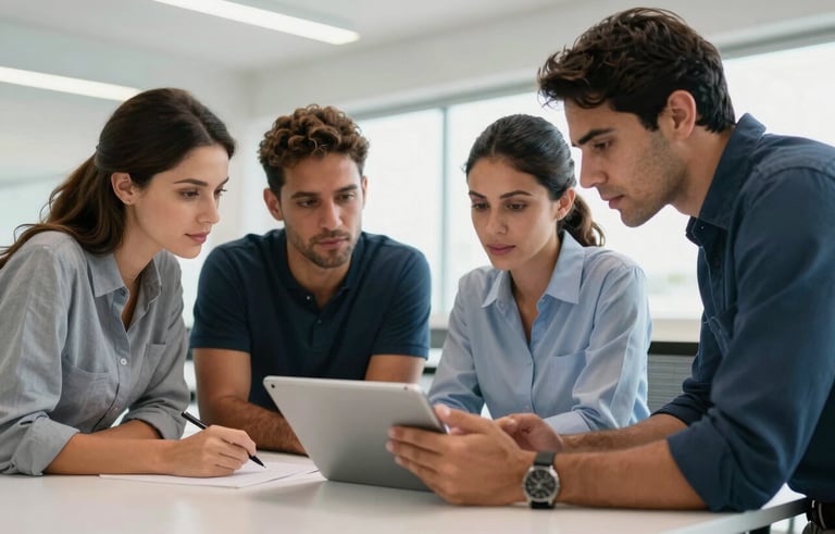 Photography of a professional South American team collaborating in a bright, modern Brazilian workspace. They are looking at a digital tablet, reflecting a mood of competence and reliability. Clean, high-contrast composition.