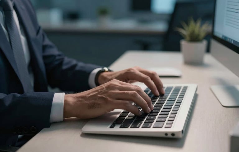 Cinematic high-end photography of a professional executive's hands working on a modern keyboard in a sophisticated Brazilian tech office. Lighting is focused and dramatic, featuring dark blue and off-white tones.