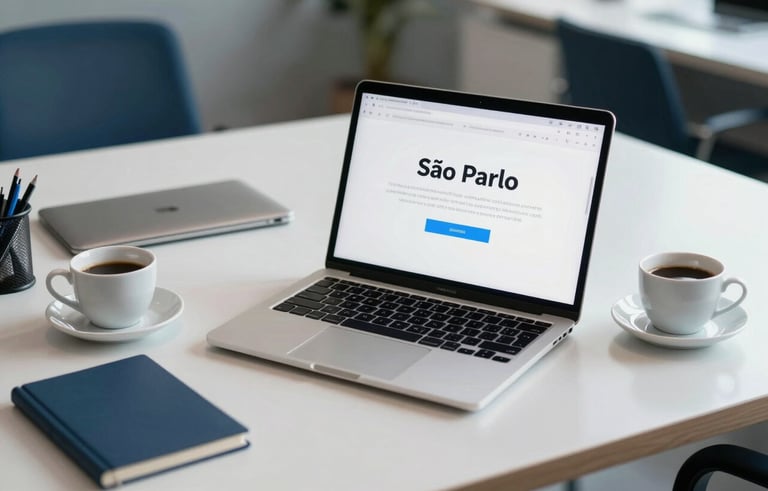 Professional photography of a modern South American office desk in São Paulo, featuring a sleek laptop, a cup of coffee, and clean stationery. The atmosphere is professional and innovative, with soft lighting and accents of medium blue and light blue from the palette.