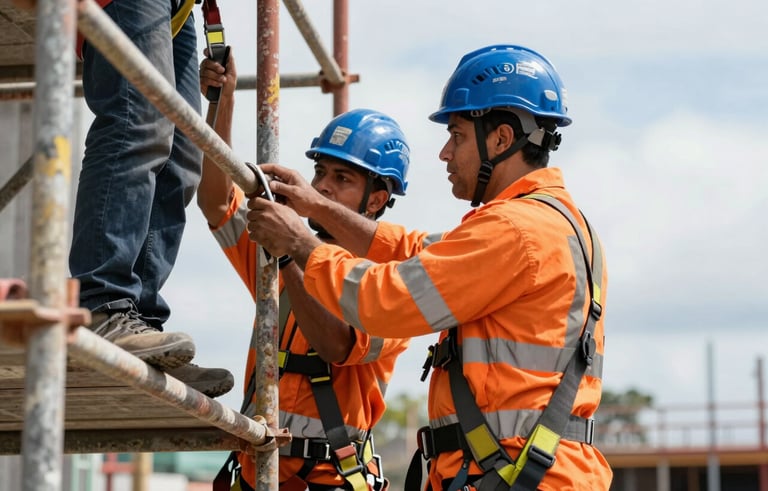 Professional South American specialist in an orange safety vest and industrial blue helmet supervising workers on a scaffolding at a construction site in Colombia, clear daylight, focus on safety harnesses and technical training.