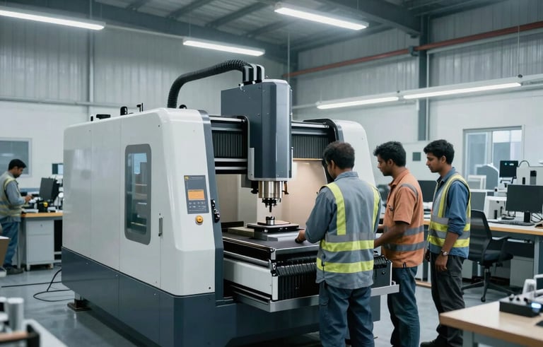 A wide-angle shot of a clean, modern South Asian engineering workshop floor in Pune, featuring professional technicians in safety gear inspecting a high-precision CNC machine. The lighting is bright and industrial, emphasizing silver and muted blue tones from the palette.