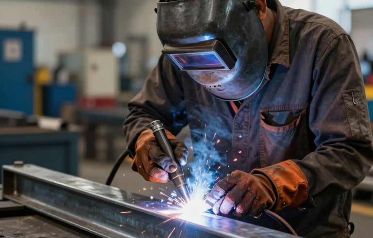 Close-up photography of a professional welder in a South Asian industrial setting at a Pune facility, working on a heavy steel frame with precision. Sophisticated, dark slate and steel blue lighting reflecting off metal surfaces.