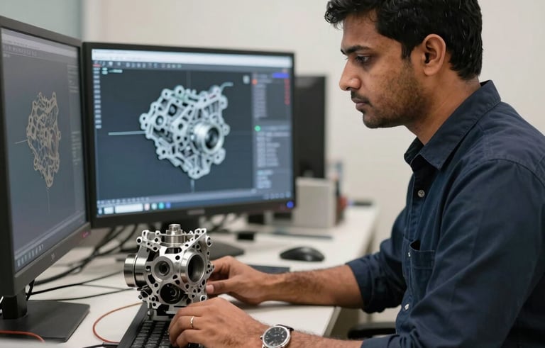 A focused shot of a South Asian mechanical engineer in a Pune office working on a modern CAD/CAM workstation, designing complex engine parts. The environment is professional with dark navy and off-white accents.