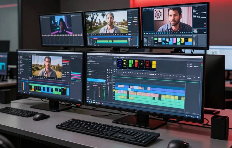 A high-end video editing suite in a dimly lit Brazilian creative office. Multiple 4K color-accurate monitors showing timelines and grading panels. Sleek aesthetics with dark grey furniture and a subtle red light bar.