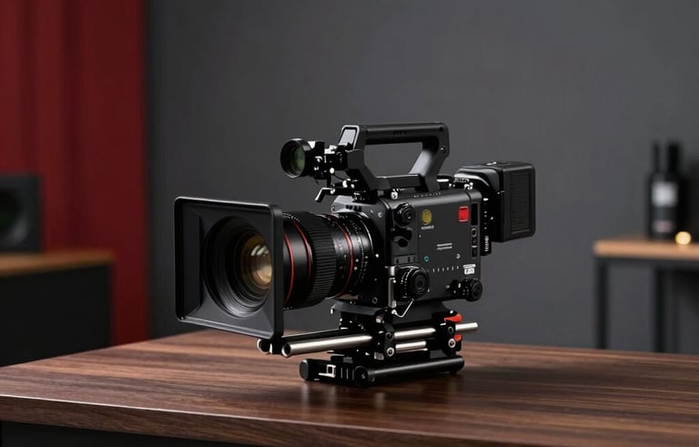 A professional cinema camera with high-end optics placed on a minimalist dark wood desk in a sophisticated Brazilian production studio. Soft cinematic lighting with red and dark grey accents in the background.
