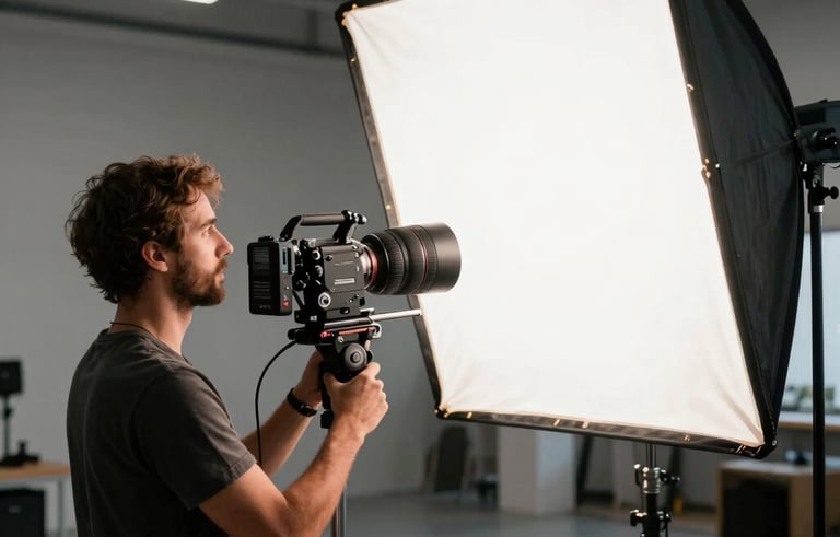 A professional Brazilian cinematographer adjusting a large lighting softbox on a modern film set. Industrial interior style with high ceilings, featuring high-quality gear and a premium atmosphere.