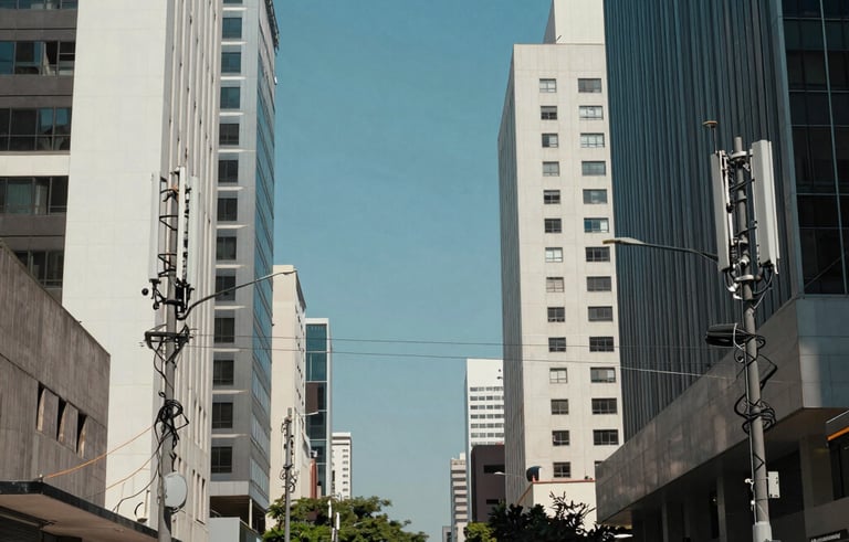 A professional wide-angle shot of a South American city street with modern telecommunications infrastructure and fiber optic cables discreetly integrated into the urban landscape. The scene is bright with natural daylight, featuring a corporate and technological atmosphere in shades of blue and white.