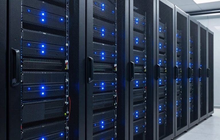 The clean, organized interior of a modern data center in Brazil, featuring rows of high-tech server racks with glowing blue indicators. The composition is sleek and professional, conveying security, scalability, and corporate reliability.