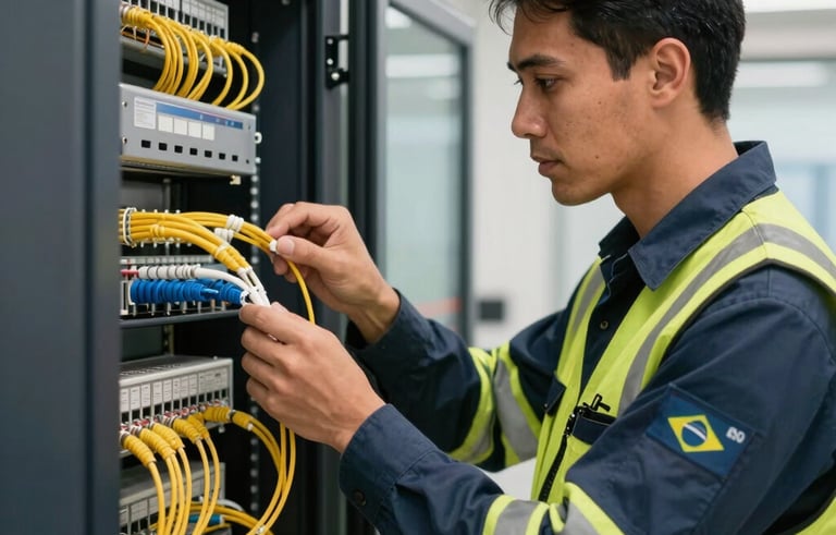 A professional Brazilian telecommunications technician in a corporate uniform and safety gear, carefully inspecting a fiber optic distribution hub in a modern office environment. High-quality photography with crisp lighting and a focus on technological detail.
