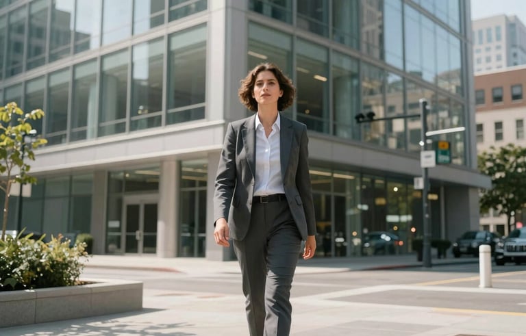 A confident professional in smart attire walking towards a modern, glass-fronted office building in a US city during a sunny morning. The composition is clean and airy, with soft shadows and a background of very light grey and light blue-grey architecture.