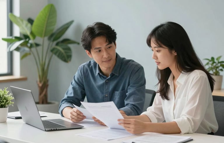 A brightly lit, modern office space in North American / US where two people sit at a clean white desk reviewing professional documents together. The room is decorated with soft sage green plants and light blue-grey walls, creating a hopeful and accessible atmosphere.