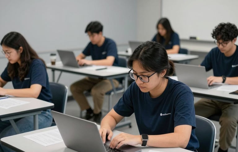 A clean and accessible workshop classroom in the North American / US where a group of focused individuals are participating in a job training session. The lighting is soft and natural, with a color palette of navy and very light grey, emphasizing a modern learning environment.