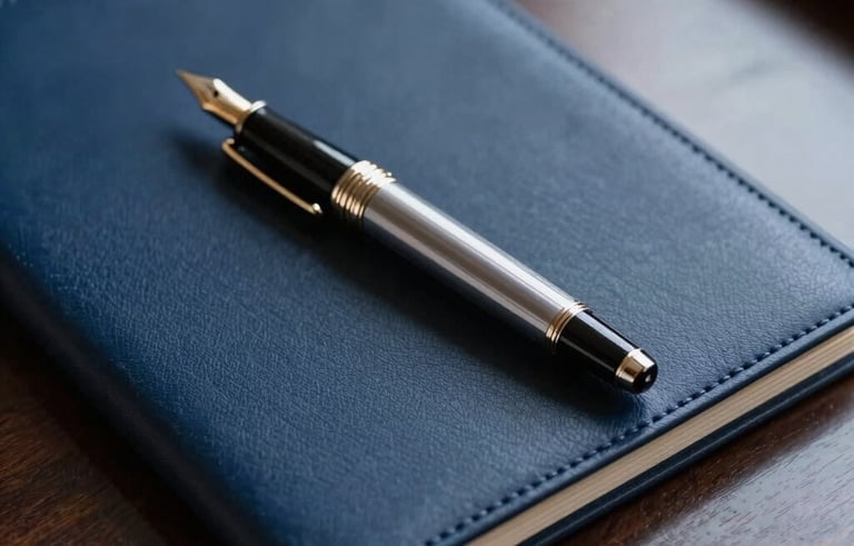 A close-up photograph of a luxury fountain pen and a sealed leather-bound document on a dark mahogany desk. The lighting is low and sophisticated, conveying a mood of privacy and elite service in an international professional setting. Tones of maastricht blue and shadow blue prevail.