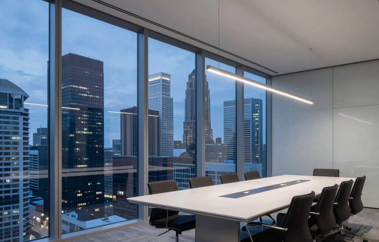 An expansive interior shot of a minimalist, glass-walled conference room overlooking a high-rise city skyline during the blue hour. The space reflects a highly professional, international atmosphere with maastricht blue and platinum accents in a contemporary architectural style.