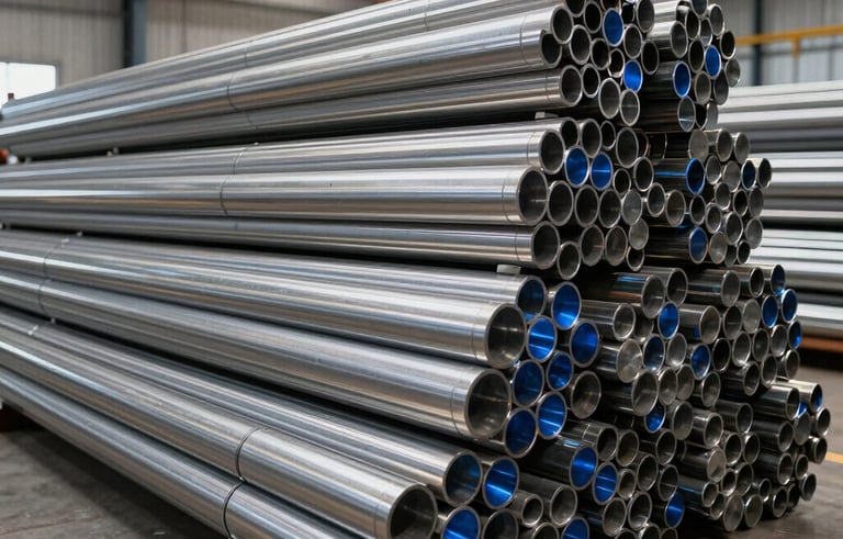 Wide-angle photography of a modern Brazilian industrial warehouse, showcasing organized stacks of polished stainless steel tubes. The lighting is bright and professional, highlighting the metallic texture and deep blue reflections, creating a sense of scale and reliability.