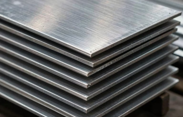 Close-up professional photography of stacked stainless steel sheets and round bars in a South American metal processing plant. High-contrast lighting focuses on the brushed metal grain and sharp edges, conveying premium industrial quality.