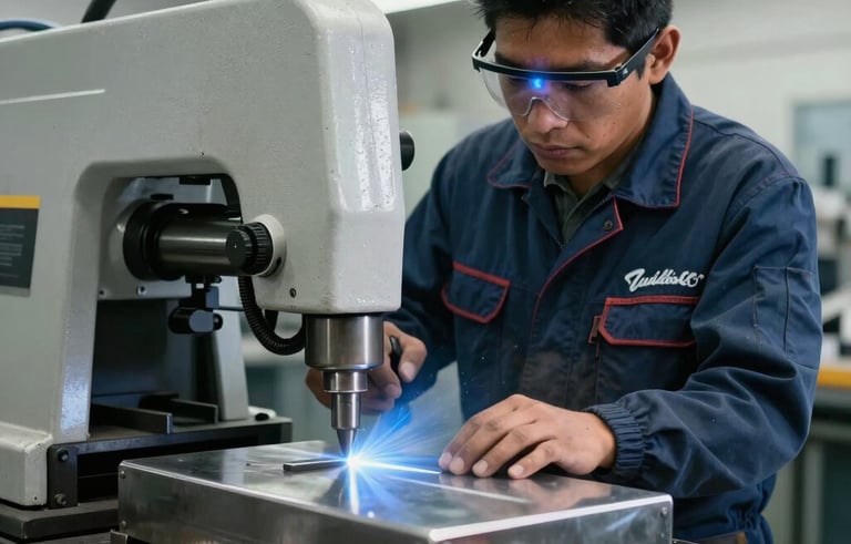 A skilled South American metalworker in professional safety attire using precision cutting machinery in a clean, modern factory. The scene captures blue lens flare and sharp focus on the metallic surface, illustrating high-end industrial service.