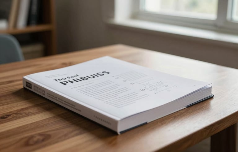 A professional, minimalistic photography of a Physics textbook with a clean white cover lying on a wooden desk. Soft morning light enters through a window in a contemporary South Asian home study, creating a sober and academic atmosphere. The composition is focused and sharp.