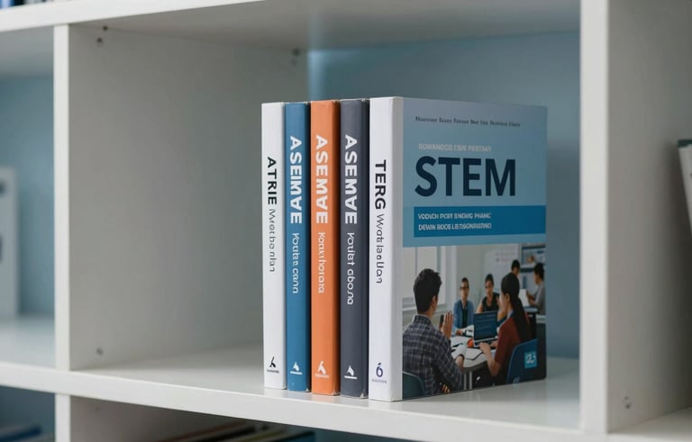 A series of STEM textbooks standing vertically on a minimalist white bookshelf. The background is a soft blue wall in a professional workspace in South Asia. The scene is tidy, sober, and reflects high academic standards and precision.