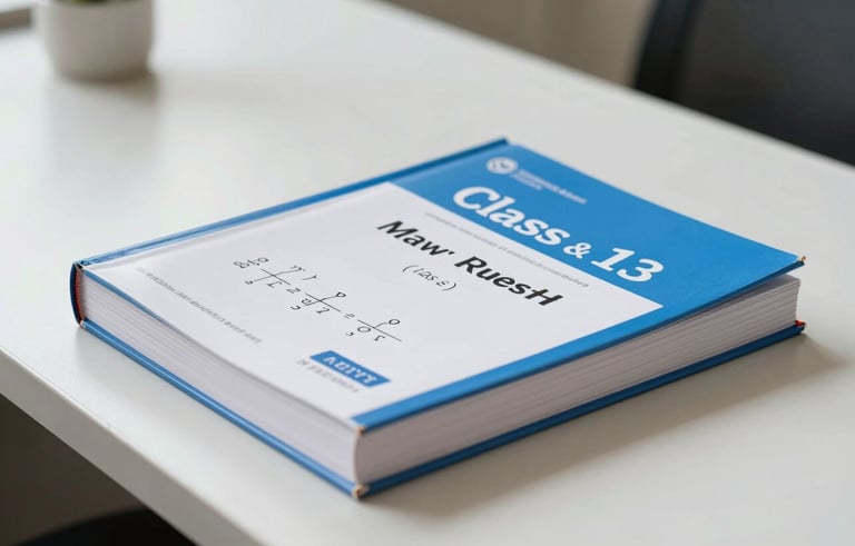 A close-up photograph of a mathematics textbook for Class 11 and 12, featuring a clean blue and white cover design. The book sits on a modern white library table in a Bangladeshi university campus setting. The lighting is precise and bright, emphasizing clarity.