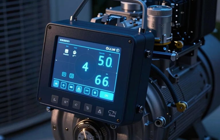 A close-up of a high-end outdoor HVAC compressor with a digital diagnostic screen. Night photography in Miami with deep navy shadows and glowing light blue LED indicators. Sophisticated tech-forward aesthetic showing precision engineering.