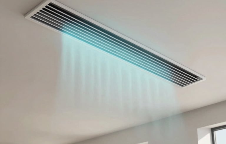 Clean, minimalist photography of a modern linear air diffuser in a high-ceilinged North American / US (Miami) residence. Soft sunlight highlights a light cyan mist representing purified airflow motion. Tech-driven, elegant atmosphere.