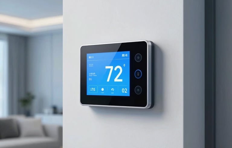 A sleek, high-tech smart thermostat interface mounted on a clean white wall in a modern Miami interior. The screen displays a glowing light blue temperature reading of 72 degrees. Minimalist, sophisticated North American / US (Miami) home atmosphere with cool blue ambient lighting.