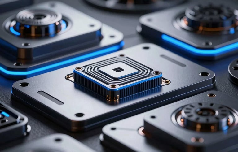 Abstract close-up of futuristic hardware and tech components in a dark minimalist setting. Sky blue neon accents reflecting on metallic surfaces. European high-tech aesthetic.