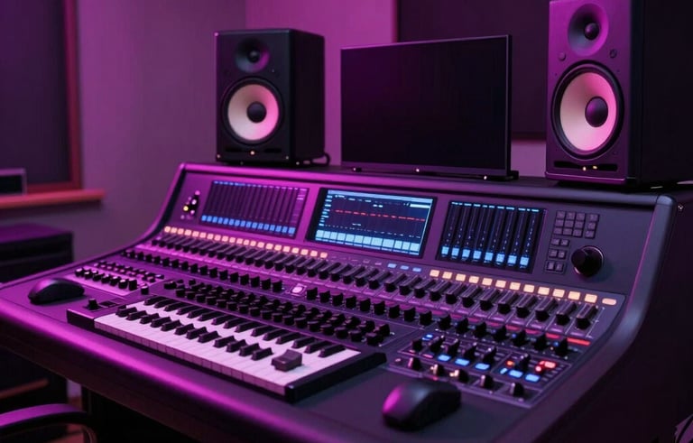 A professional music production desk in a sleek Dutch interior. Magenta and violet neon lighting illuminating studio monitors and a midi controller. Sophisticated dark theme.