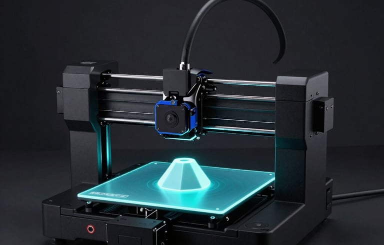 A high-end professional 3D printer in a minimalist dark European studio. Neon cyan light glowing from the printer bed, illuminating a geometric prototype. Clean, futuristic composition with sophisticated shadows.