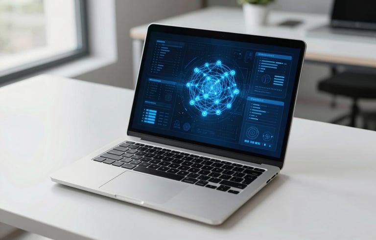 A sleek laptop on a minimalist white desk in a modern North American / US office, displaying a sophisticated blue data interface with glowing nodes. Soft natural light illuminates a clean, tech-inspired workspace.
