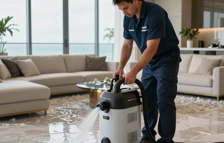 A professional restoration technician in a clean uniform operating high-tech water extraction equipment in a flooded luxury Miami living room with ocean views. Bright natural lighting, South Florida / US setting.