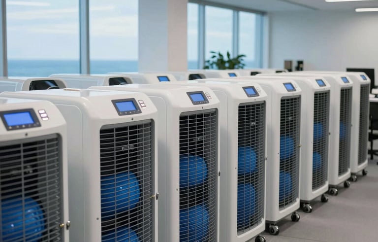 A rows of high-performance industrial dehumidifiers and blue air movers drying a modern office space in Miami. Sharp focus, professional equipment, ocean blue and crisp white tones. South Florida / US.
