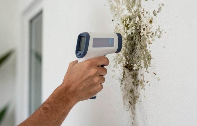Photography of a moisture detection specialist using an infrared camera to check for mold behind a wall in a Coral Gables residence. Professional, clean, and modern. South Florida / US setting.