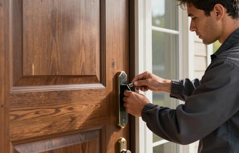 Professional photography of a high-quality residential front door in a North American suburb. A technician in a charcoal blue uniform is performing maintenance on the hinges. Bright, clear morning light, sharp focus on the wood texture and polished hardware.