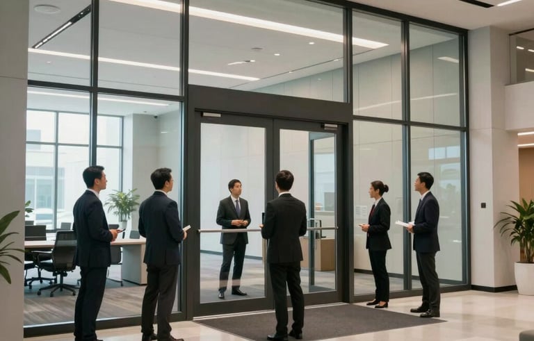 A wide-angle interior shot of a modern North American commercial office lobby. Large glass and steel double doors are being inspected by a professional team. The lighting is clean and modern, highlighting the professional atmosphere of the business environment.