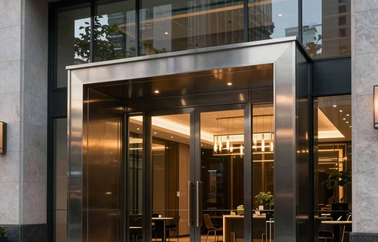 Architectural photography of custom-designed steel and glass entryways for a high-end US building. The lighting is dramatic, emphasizing the metallic finish and the quality of the glass. The style is modern, professional, and sophisticated.