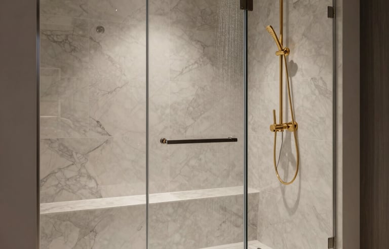 Interior photography of a luxury walk-in shower. Features include floor-to-ceiling porcelain tiles, a built-in bench, a ceiling-mounted rainfall showerhead in gold, and a seamless glass door. The style is modern and high-end.
