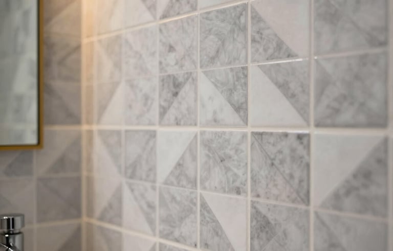 Close-up photography of a beautifully finished bathroom featuring intricate geometric tile patterns in light gray and white. Soft gold accent lighting illuminates the wall, highlighting the high-quality craftsmanship and modern fixtures.