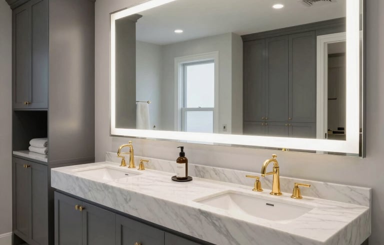 A wide-angle professional photograph of a luxury master bathroom in a North American home. The space features a sleek white marble double vanity with gold faucets, a large backlit mirror, and modern charcoal gray cabinetry. The lighting is soft and natural, emphasizing the elegant and clean design.