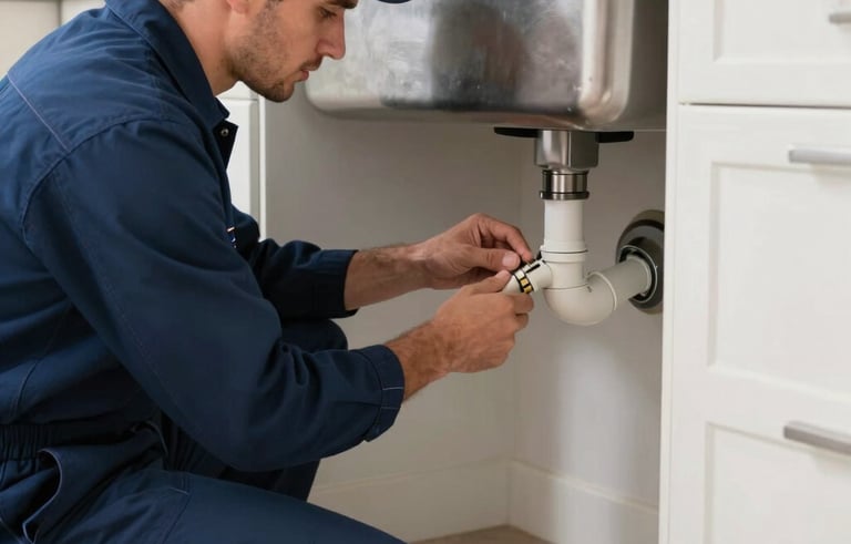 A professional plumber in a clean navy blue uniform inspecting a pipe leak under a kitchen sink in a North American home. The lighting is bright and clear, emphasizing a sense of reliability and expertise. The scene features steel blue and off-white accents in the kitchen setting.