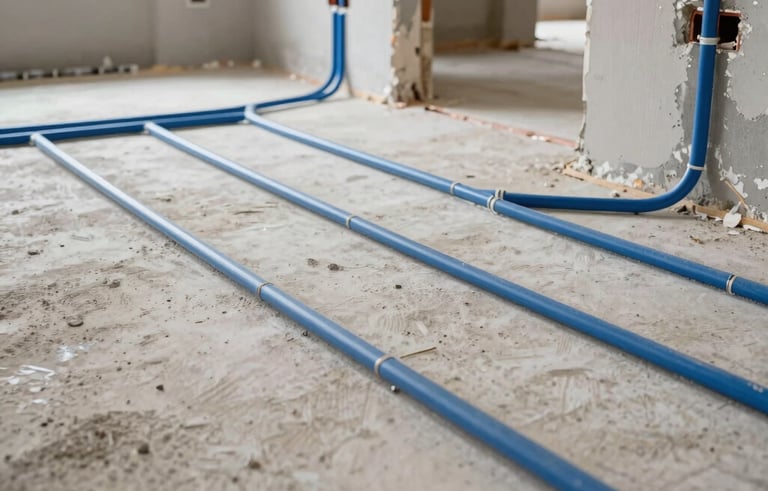 A wide-angle shot of a residential renovation site in a North American home, showing neatly installed new plumbing lines. The workspace is professional, clean, and organized, lit with bright daylight. Steel blue and off-white color palette.