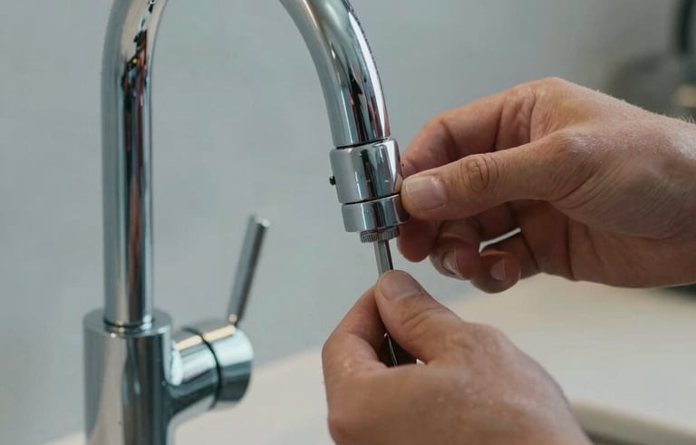 Close-up of a modern, high-end chrome faucet being installed by a professional in a clean North American kitchen. The shot is focused on the hands and professional tools, conveying knowledgeable service and attention to detail. Soft natural light, steel blue and light grey tones.