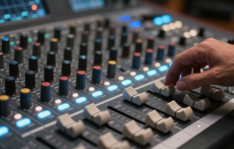 Close-up of a modern audio mixing console in a darkened studio room, sliders being adjusted by a professional in a Global / International setting, glowing sky blue and white indicator lights, tech-forward aesthetic.