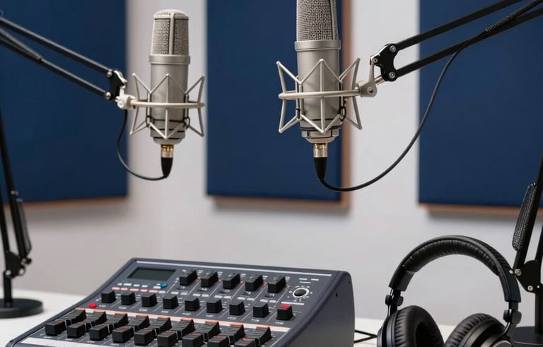 A sleek podcasting setup with two professional microphones on boom arms, a high-end sound mixer, and minimalist headphones in a Global / International studio with deep navy blue accents and white lighting.