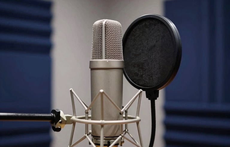 A high-end recording studio environment in a Global / International city, featuring a sleek large-diaphragm condenser microphone with a silver pop filter, deep navy blue acoustic wall panels, and soft white studio lighting, minimalist and professional.