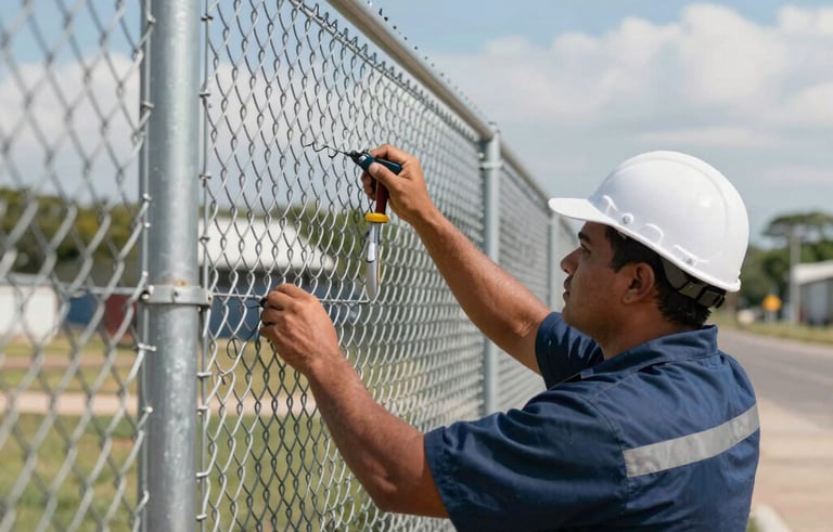 Detailed photography of industrial perimeter security experts in a South American setting installing a new silver chain-link fence on a sunny day. The composition is a medium shot showing professional tools and bright light on metallic surfaces. Modern and reliable atmosphere.