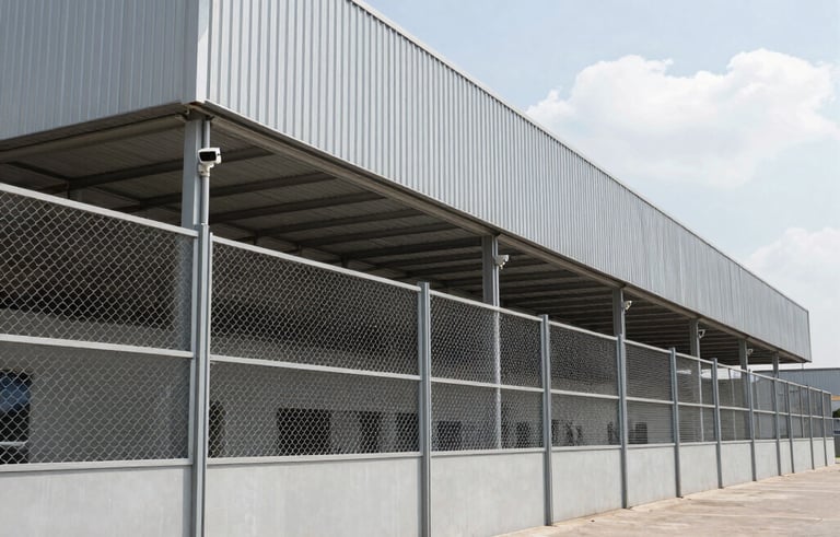 Wide-angle architectural photography of a commercial warehouse in South America secured with high-grade fencing and integrated security cameras. The scene is bright and clean, using light gray and silver tones to emphasize a sense of professional protection.